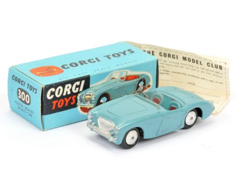 Corgi Toys 300 Austin Healey Sports Car - scarce variation greyish-blue, red seats, silver trim and flat spun hubs - possible