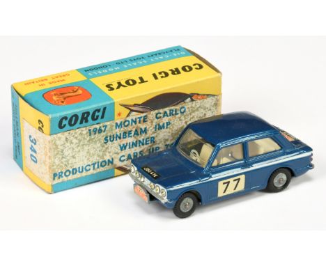 Corgi Toys 340 Sunbeam Imp "Rallye Monte-Carlo" - blue body with white side flashes, off white interior, silver trim, cast hu