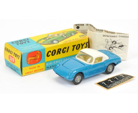 Corgi Toys 319 Lotus Elan Coupe - blue body with white hood, off white interior, silver trim, detachable chassis with cast hu