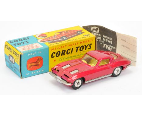 Corgi Toys 310 Chevrolet Corvette Stingray - metallic cerise, yellow interior, chrome trim and spun hubs - Excellent Plus (so