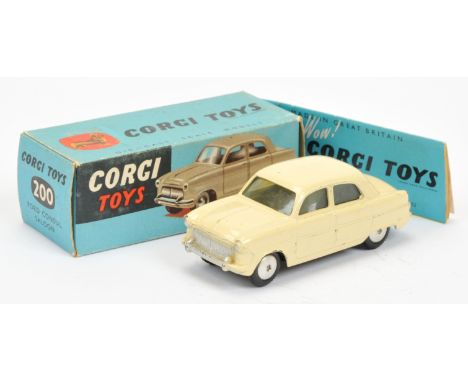 Corgi Toys 200 Ford Consul Saloon - cream body, silver trim and flat spun hubs - Good to Good Plus in a Good blue carded pict