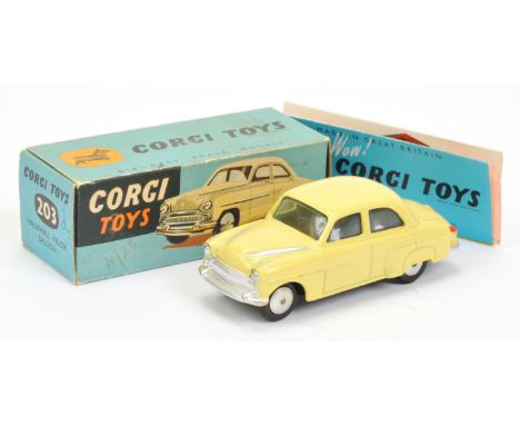 Corgi Toys 203 Vauxhall Velox Saloon - yellow body silver trim and bonnet flashes and flat spun hubs - Good Plus to Excellent