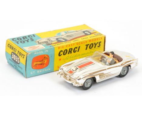 Corgi Toys 303S Mercedes 300SL Open Roadster "Competition Model" - Chrome plated body, pale yellow interior, brown tonneau wi