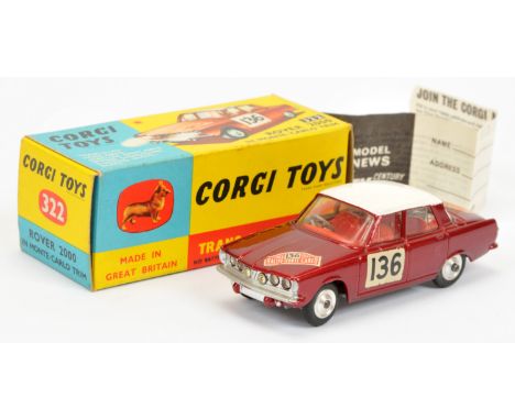 Corgi Toys 322 Rover 2000 "Rallye Monte-Carlo" - metallic maroon, white roof, red interior, silver trim, spun hubs, "Trans-o-