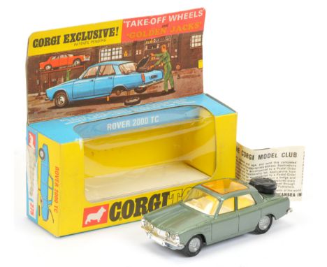 Corgi Toys 275 Rover 2000 TC - metallic green body, amber roof panel, white interior, chrome trim and "Golden Jacks Take-Off"