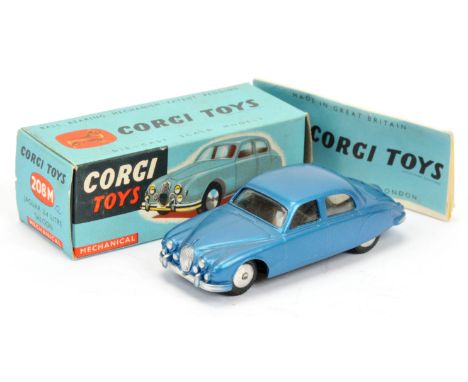 Corgi Toys 208M Jaguar 2.4 Litre - metallic blue body, mechanical motor, silver trim and flat spun hubs - Excellent Plus brig