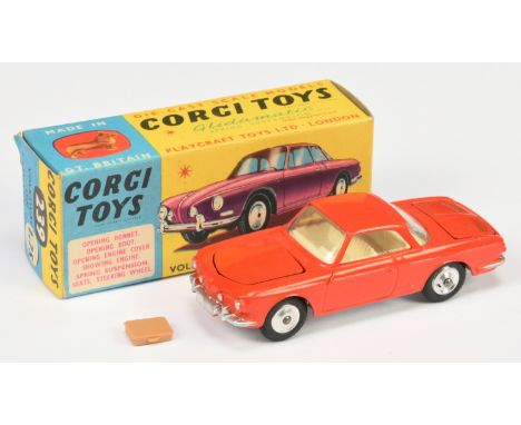 Corgi Toys 239 Volkswagen 1500 Karmann Ghia - red-orange body, off white interior, silver trim, spun hubs and luggage case - 