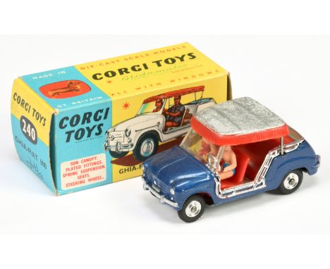 Corgi Toys 240 Ghia-Fiat 600 Jolly - blue body, red interior with figures, silver and red plastic canopy, chrome trim and spu