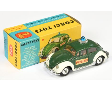 Corgi Toys 492 Volkswagen 1200 Saloon "Police" Car - green and white body with "POLIZEI" door decals, brown interior with fig