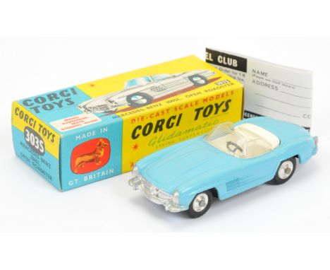 Corgi Toys 303S Mercedes 300SL Open Roadster - light blue body, off white interior, silver trim and spun hubs - Near Mint bea