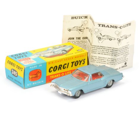 Corgi Toys 245 Buick Riviera - steel blue, red interior, cast hubs, chrome trim, grey plastic tow hook and "Trans-o-Lite" hea