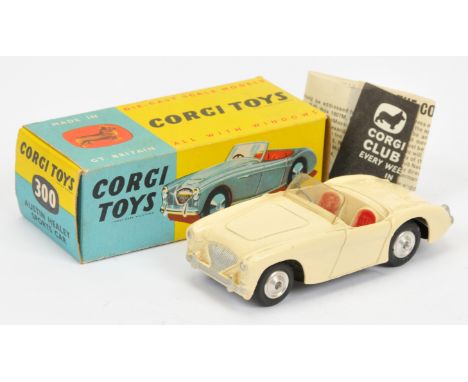 Corgi Toys 300 Austin Healey Sports Car - cream body, red seats, silver trim and spun hubs - Excellent Including blue carded 