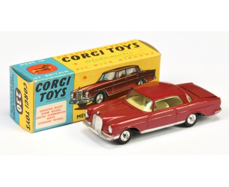 Corgi Toys 230 Mercedes 220SE Coupe - dark red body, lemon interior, silver trim, spun hubs with correct spare wheel in boot 