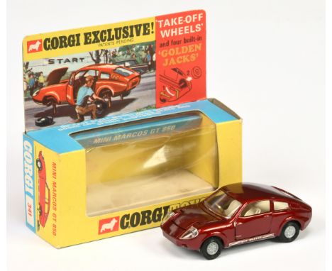 Corgi Toys 341 Mini Marcos GT850 - metallic maroon, white interior, "Golden Jacks Take-Off" wheels - Near Mint in a Excellent