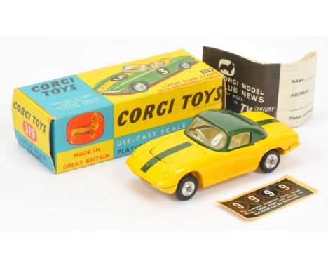 Corgi Toys 319 Lotus Elan Coupe - yellow body with green hood and stripes, off white interior, silver trim, detachable chassi