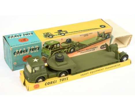 Corgi toys 1135 Bedford TK Heavy Equipment Transporter - green cab and low loader trailer, lemon interior and spun hubs - ove