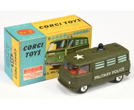 Corgi Toys 355 Commer "Military Police" - green, pale blue rear windows, blue roof light, red interior, and spun hubs - Good 