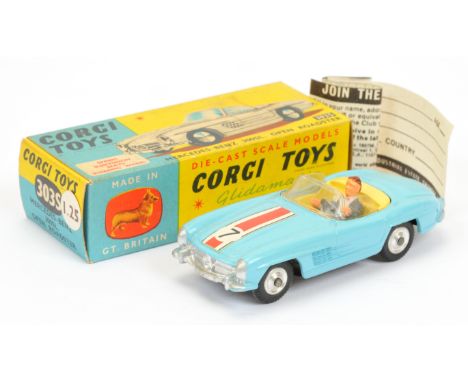 Corgi Toys 303S Mercedes 300SL Open Roadster "Competition Model" - light blue body, yellow interior with figure driver, silve