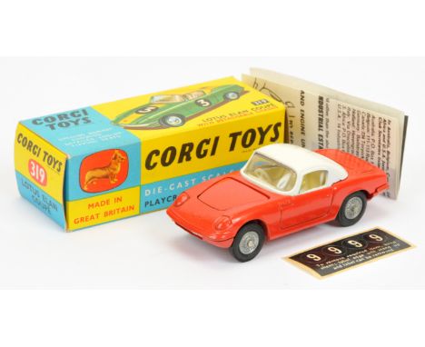 Corgi Toys 319 Lotus Elan Coupe - red body with white hood, off white interior, silver trim, detachable chassis with cast hub