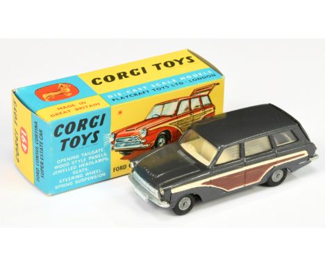 Corgi Toys 491 Ford Consul Cortina Super Estate Car - graphite grey body with wood effect side and rear panels, off white int