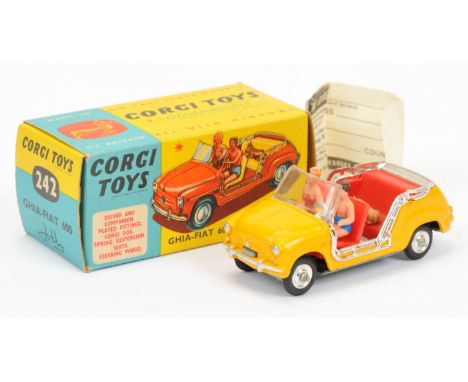 Corgi Toys 242 Ghia-Fiat 600 Jolly - yellow body, red interior with figures, chrome trim and spun hubs - Excellent Plus a lov