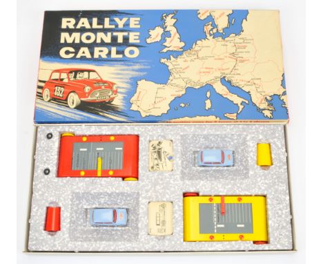 Corgi toys "Rallye Monte-Carlo" Game to include a pair of Morris Mini Minors (1) pale blue, red interior, silver trim, spun h