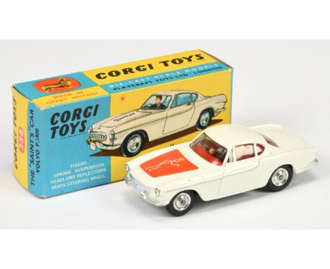 Corgi Toys 258 "The Saints" Volvo P1800 Car - white body, red interior with figure driver, silver trim, spun hubs and red bon