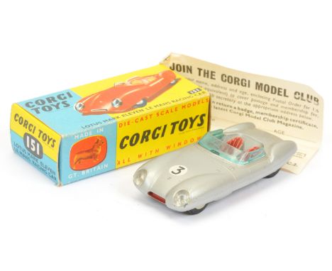 Corgi Toys 151 Lotus Mark 11 Le Mans Racing Car - silver, red seats and trim, flat spun hubs and racing No.3 - Excellent love