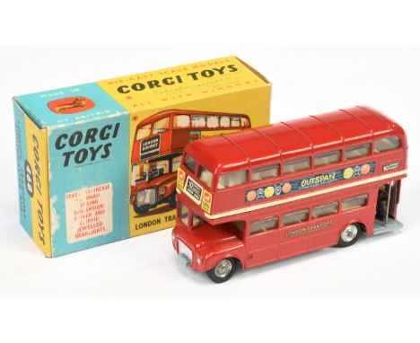 Corgi toys 468 "London Transport"&nbsp; Routemaster Bus - "Outspan" side decals - red body, cream interior, clear stairs, sil