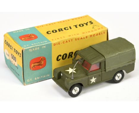 Corgi toys 500 Land Rover "Weapons" Carrier" - green including plastic canopy, harder to find red interior, aerial, spun hubs