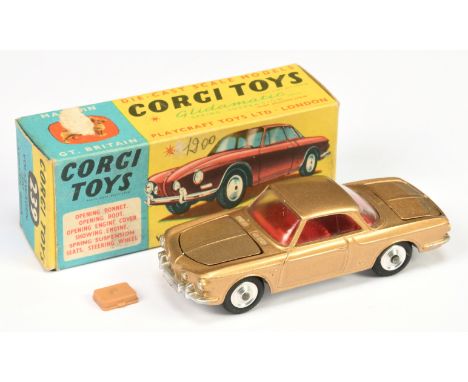 Corgi Toys 239 Volkswagen 1500 Karmann Ghia - gold body, red interior, silver trim, spun hubs and luggage case - Near Mint in