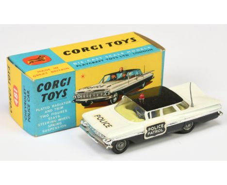 Corgi Toys 481 Chevrolet Impala "Police Patrol" Car - two-tone white and black, chrome trim and side flashes, lemon interior 