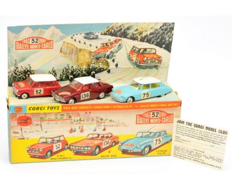 Corgi Toys GS38 Gift Set "Rallye Monte-Carlo" to include (1) BMC Mini Cooper S - red body and interior, white roof, silver tr