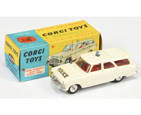 Corgi Toys 419 Ford Zephyr "Police" Car - off white body, red interior, silver trim, grey aerial, Large blue roof light and s