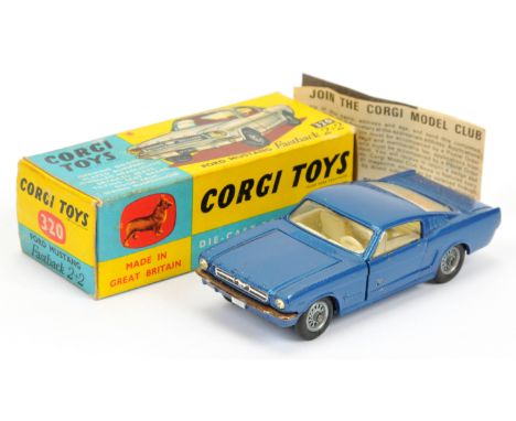 Corgi Toys 320 Ford Mustang Fastback - blue body, off white interior, chrome trim and wire wheels - Good including blue and y