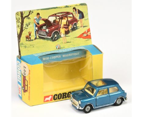 Corgi Toys 334 BMC Mini Cooper S "Magnifique"- metallic blue body, cream interior, red and yellow sliding sunroof panel, chro