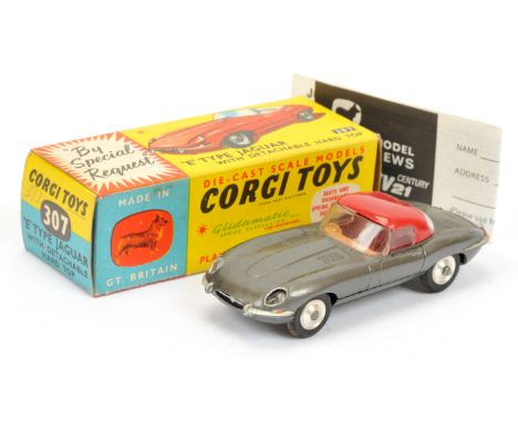 Corgi Toys 307 Jaguar E-Type - graphite grey body with plum red detachable hood, RED PAINTED INTERIOR (super-detailing) silve