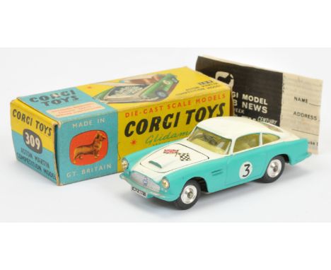 Corgi Toys 309 Aston Martin DB4 "Competition Model" - two-tone white and turquoise, lemon interior, open vent, spun hubs, rac