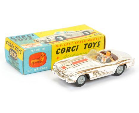 Corgi Toys 303S Mercedes 300SL Open Roadster "Competition Model" - chrome plated body, pale yellow interior, brown tonneau wi