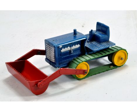 Benbros Qualitoys diecast crawler loader tractor with metallic blue body, yellow wheels, red loader attachment and green rubb