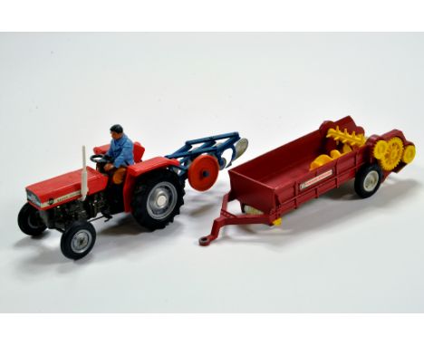 Britains 1/32 Massey Ferguson 135 Tractor and Plough plus Manure Spreader. Generally VG to E. (3)