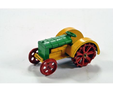 Dinky No. 22e Pre-war Farm Tractor with yellow body/wheelarches, green upper bonnet, steering wheel, red metal wheels includi
