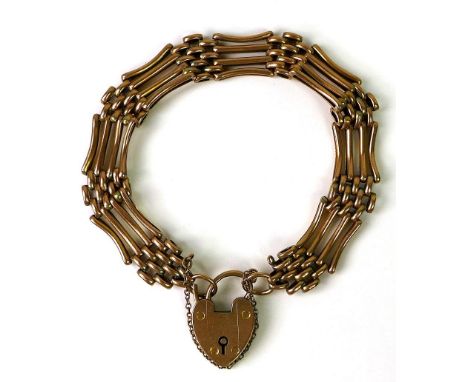 A Victorian 9ct gold gate link bracelet with heart shaped padlock clasp and safety chain, hallmarked, 17.7g. 