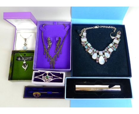 A collection of silver and costume jewellery, including a silver, amethyst, moonstone and topaz necklace, complete with origi