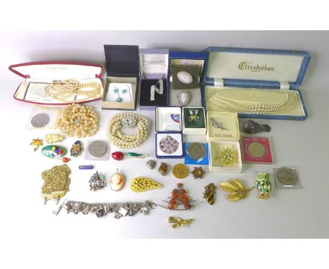 A collection of silver and vintage costume jewellery, including a charm bracelet, 2.3toz, and enamel and marcasite George and