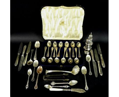 A group of mostly Victorian and Edwardian silver, comprising a Victorian cased set of twelve tea spoons, rat tail pattern, te