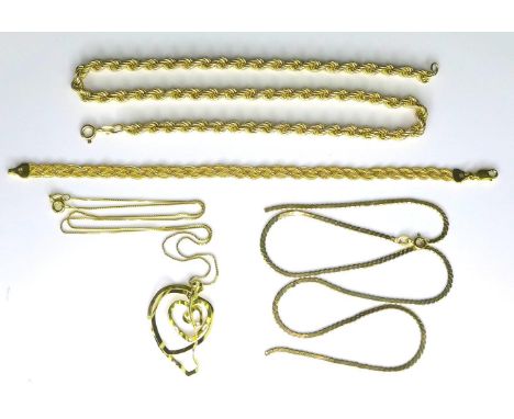 A group of 9ct gold jewellery, comprising a twisted link necklace, a plaited strand bracelet, an 's' link necklace, a/f, and 