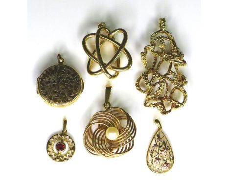 A group of 9ct gold pendants, including one of swirling design set with a pearl, a foliate engraved locket, and a  round pend