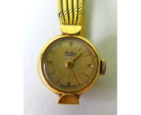 A 9ct gold ladies cocktail watch, 'Bentima Star', the 9ct gold bracelet with safety chain, cream dial with gold batons, 14.4g