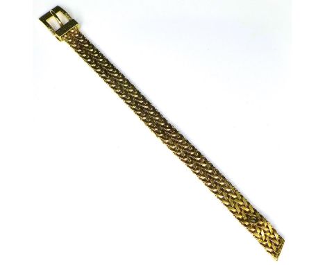 A 9ct gold woven link bracelet, modelled as a belt, 21.5cm long, 31.1g. 